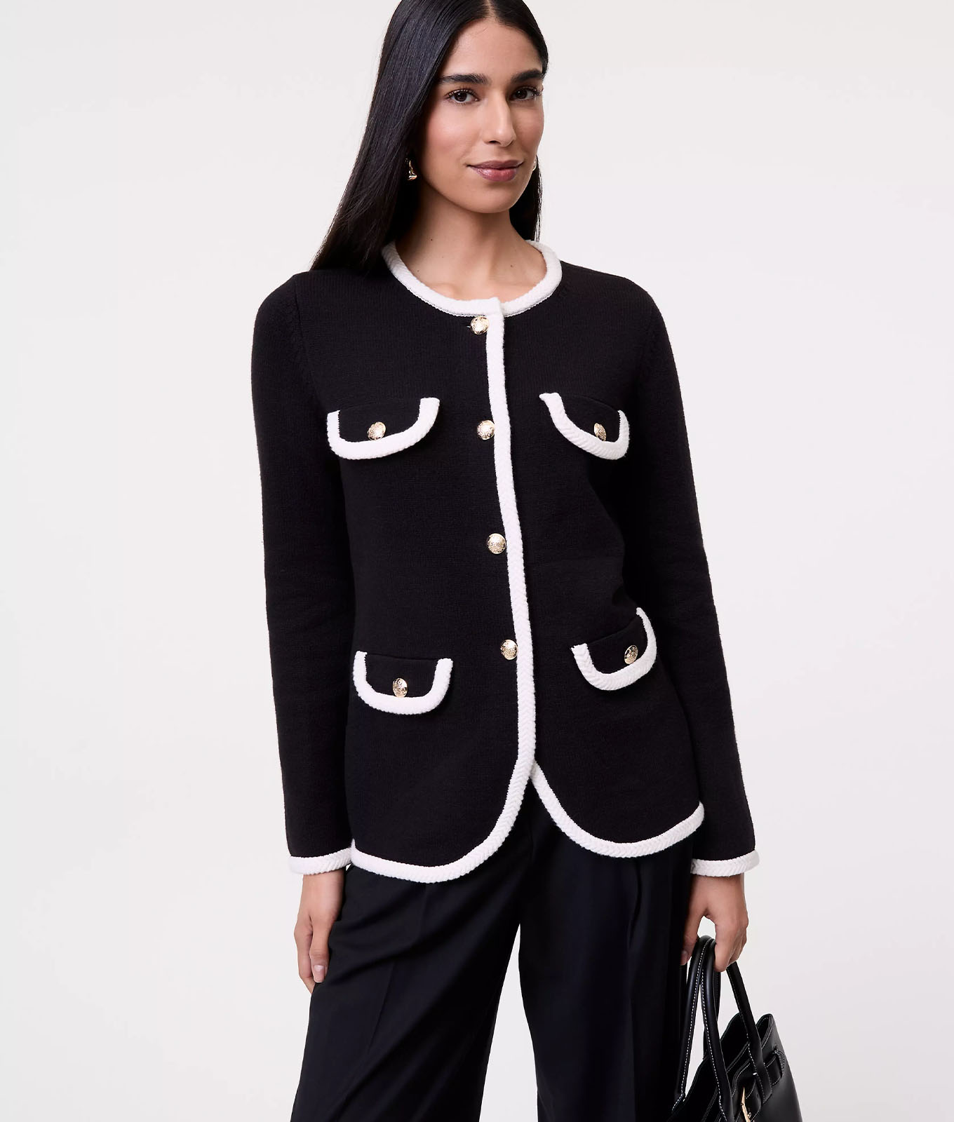 The Ann Taylor Textured Trim Sweater Jacket.