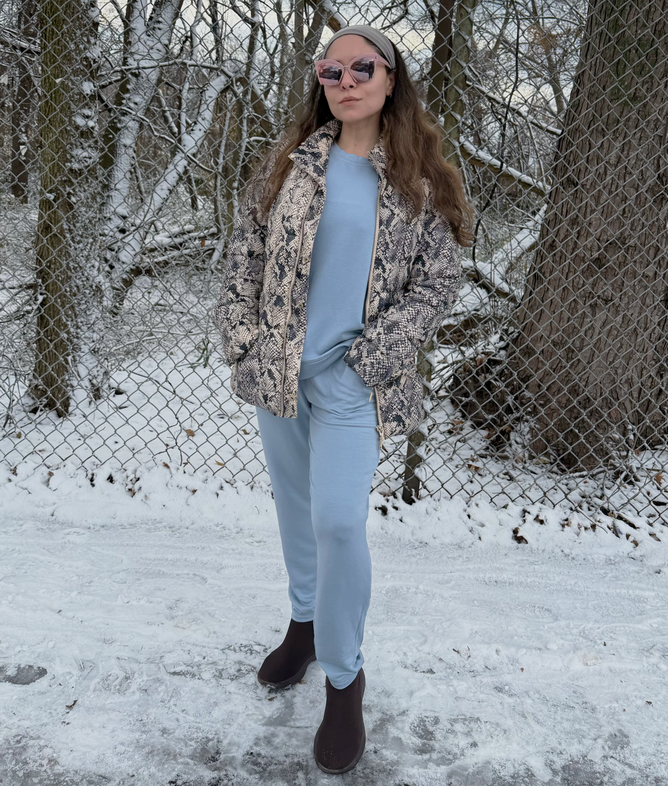 Lou & Grey Lounge Set Review: Original photo of Stephanie Maida in light blue set in the snow