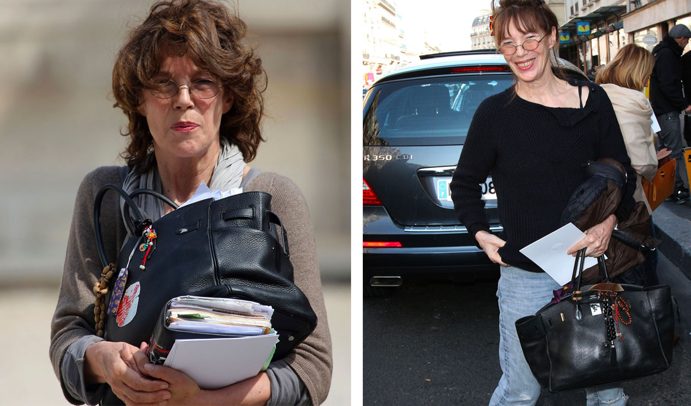 Undone Belted Bags: Jane Birkin holding undone Birkin bags