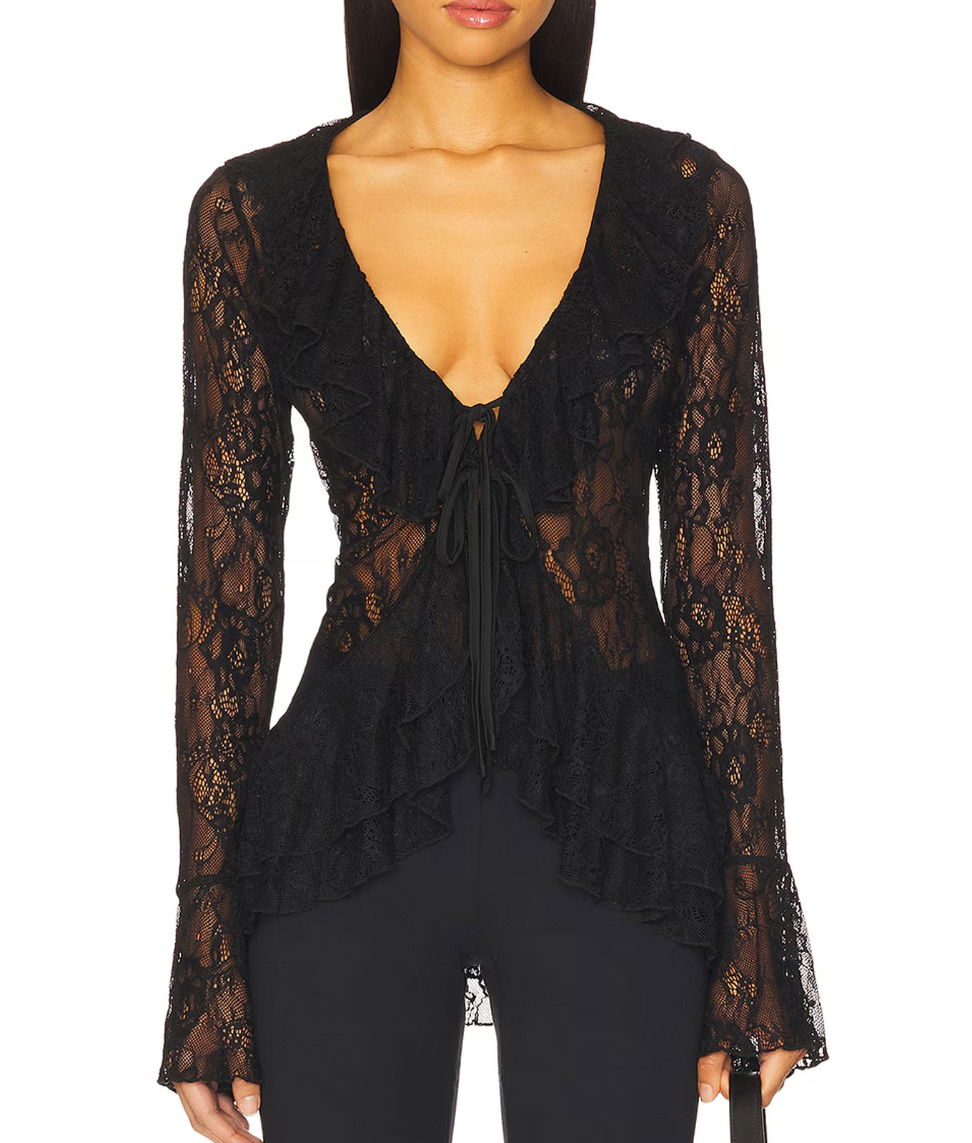 Margot Robbie's Wuthering Heights Style Shift: Black lace ruffle top