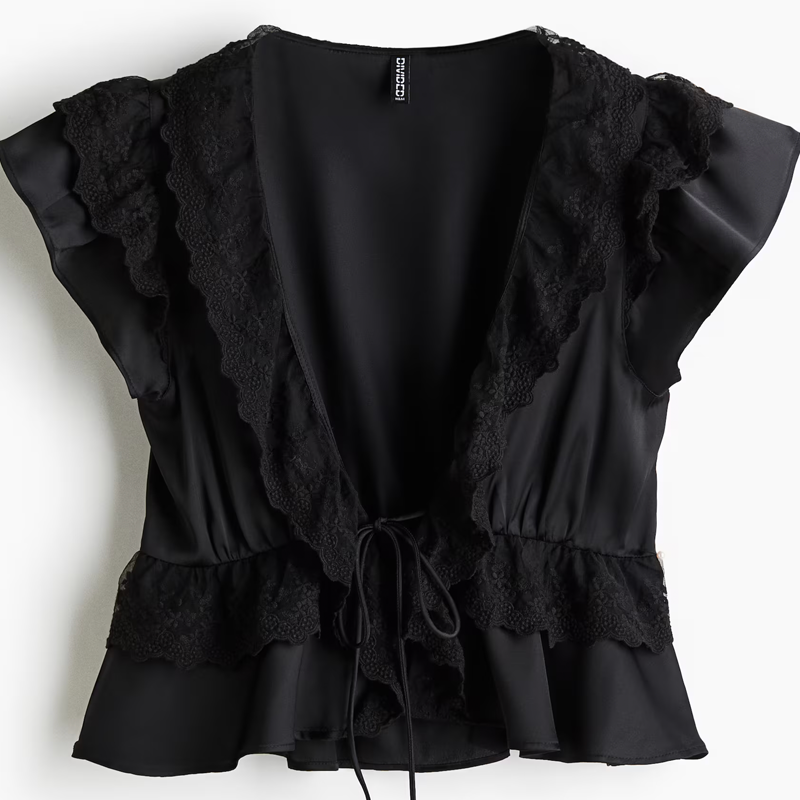 black ruffle satin top
