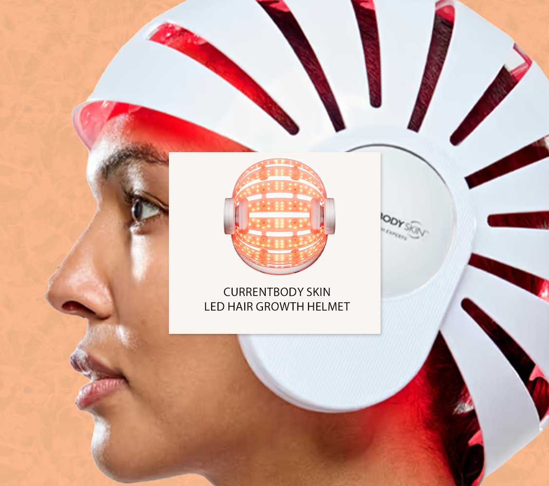 The CurrentBody Skin LED Hair Growth Helmet on the stand.