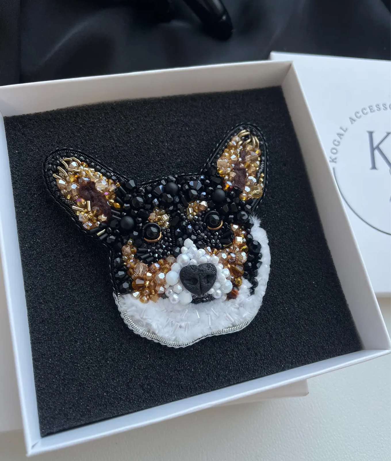 queen camilla dog brooch: kogal accessories embroidered brooch