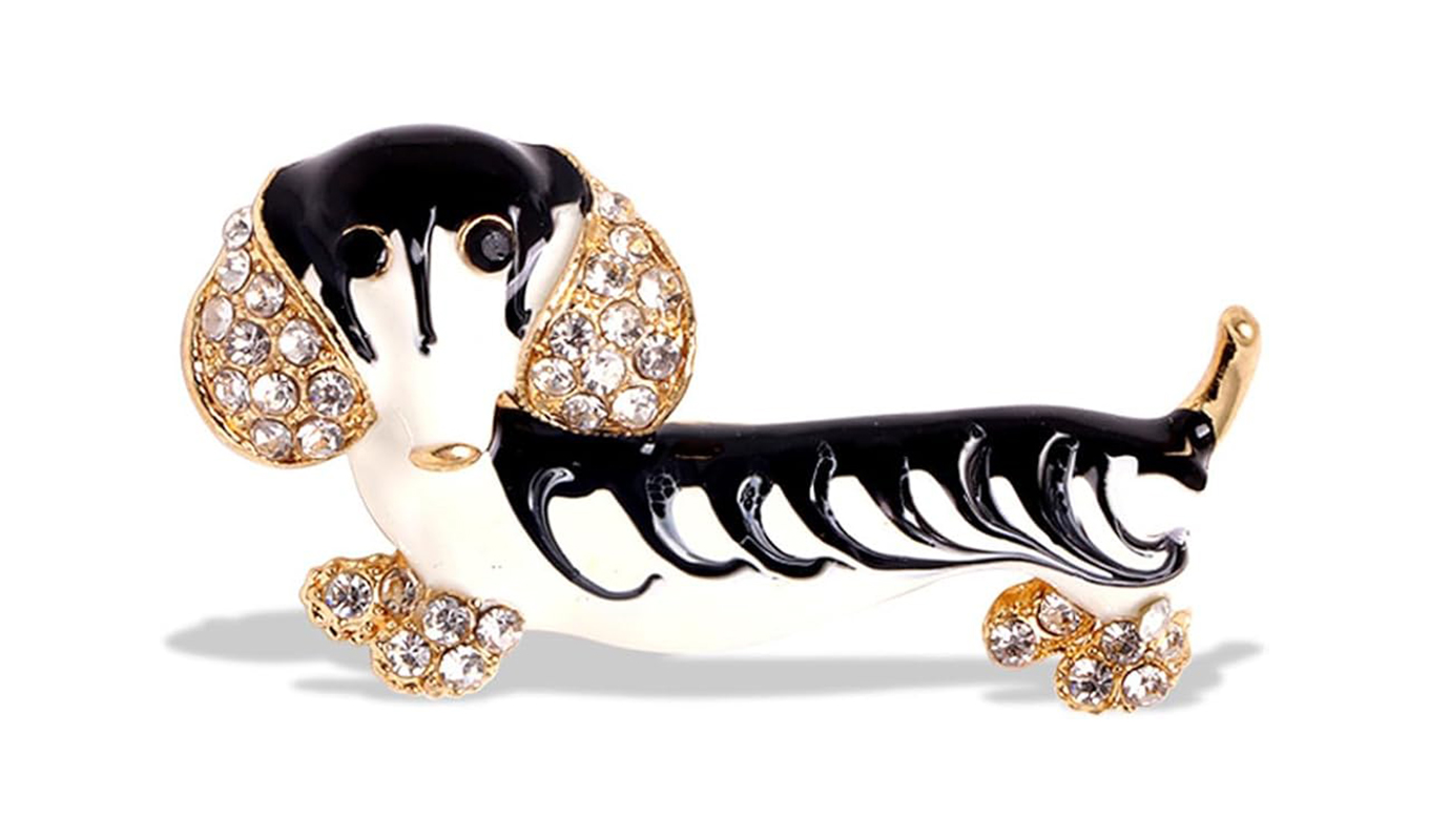 queen camilla dog brooch: hebelee dachchund brooch