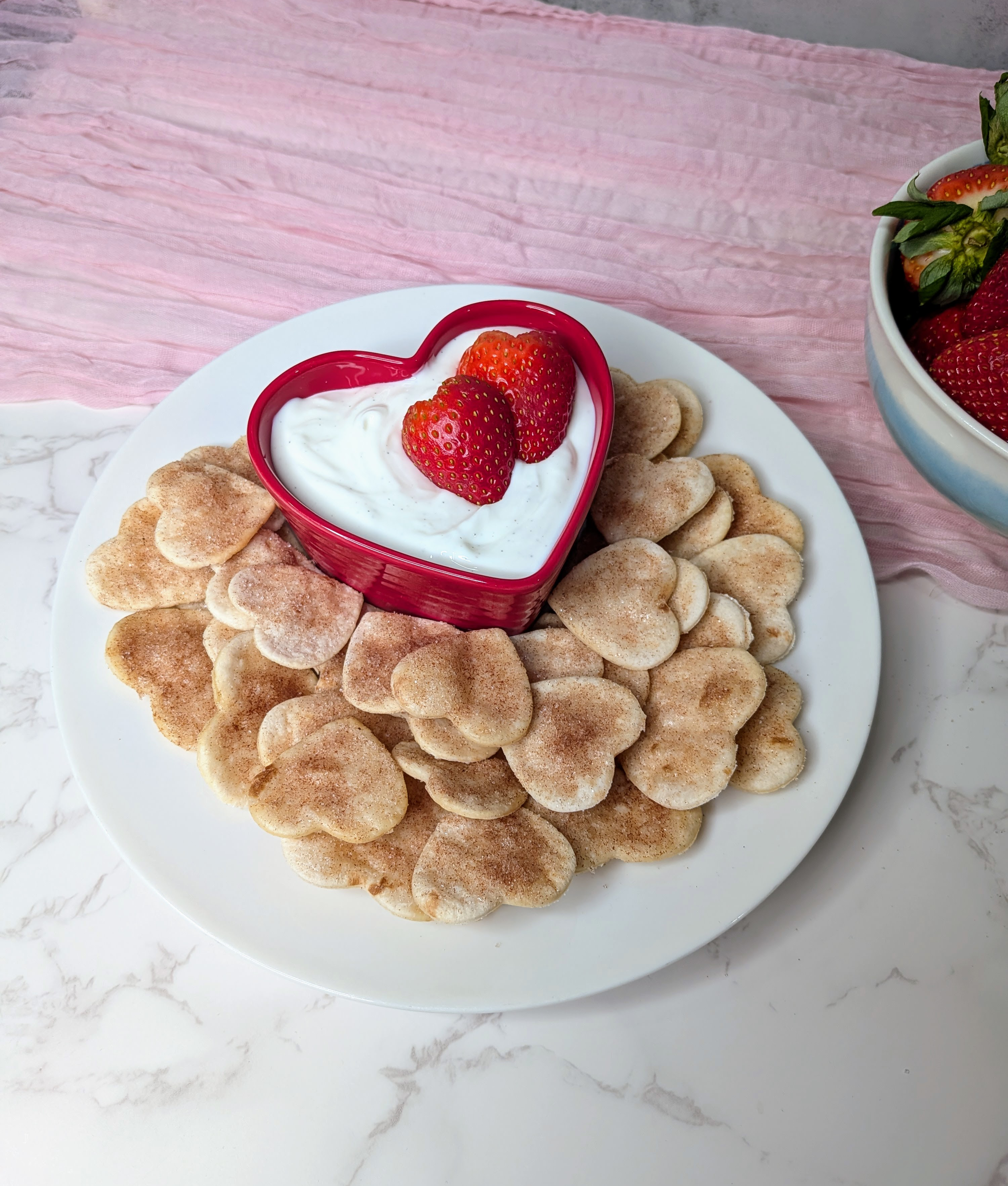 cinnamon sugar chips with strawberry hearts