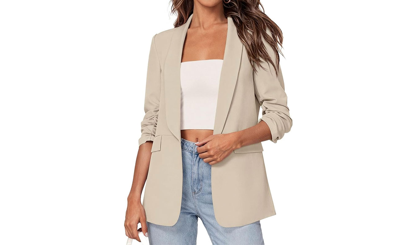 beige blazer ruched sleeves