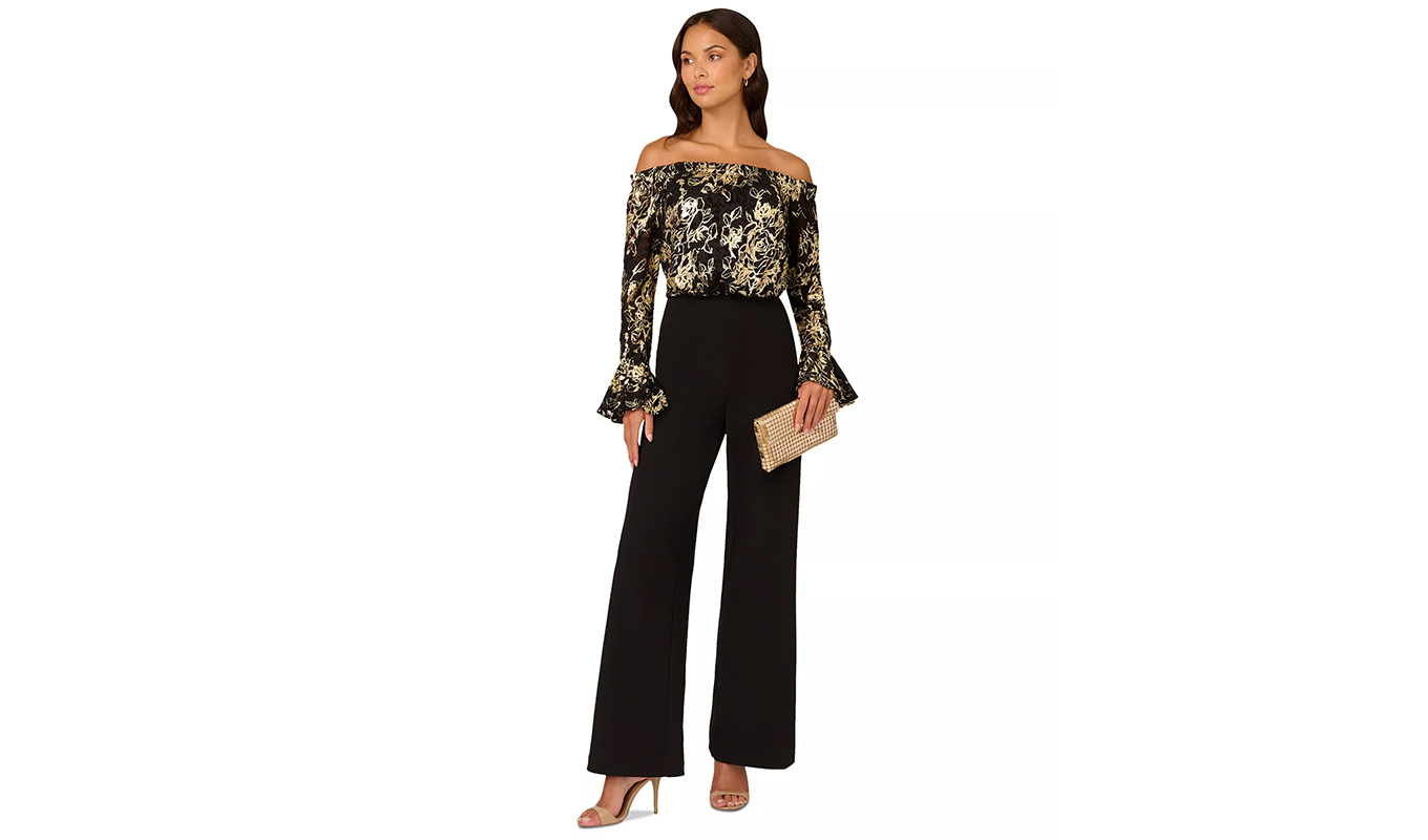 formal jumpsuits for wedding season: adrianna papell lace and crepe jumpsuit
