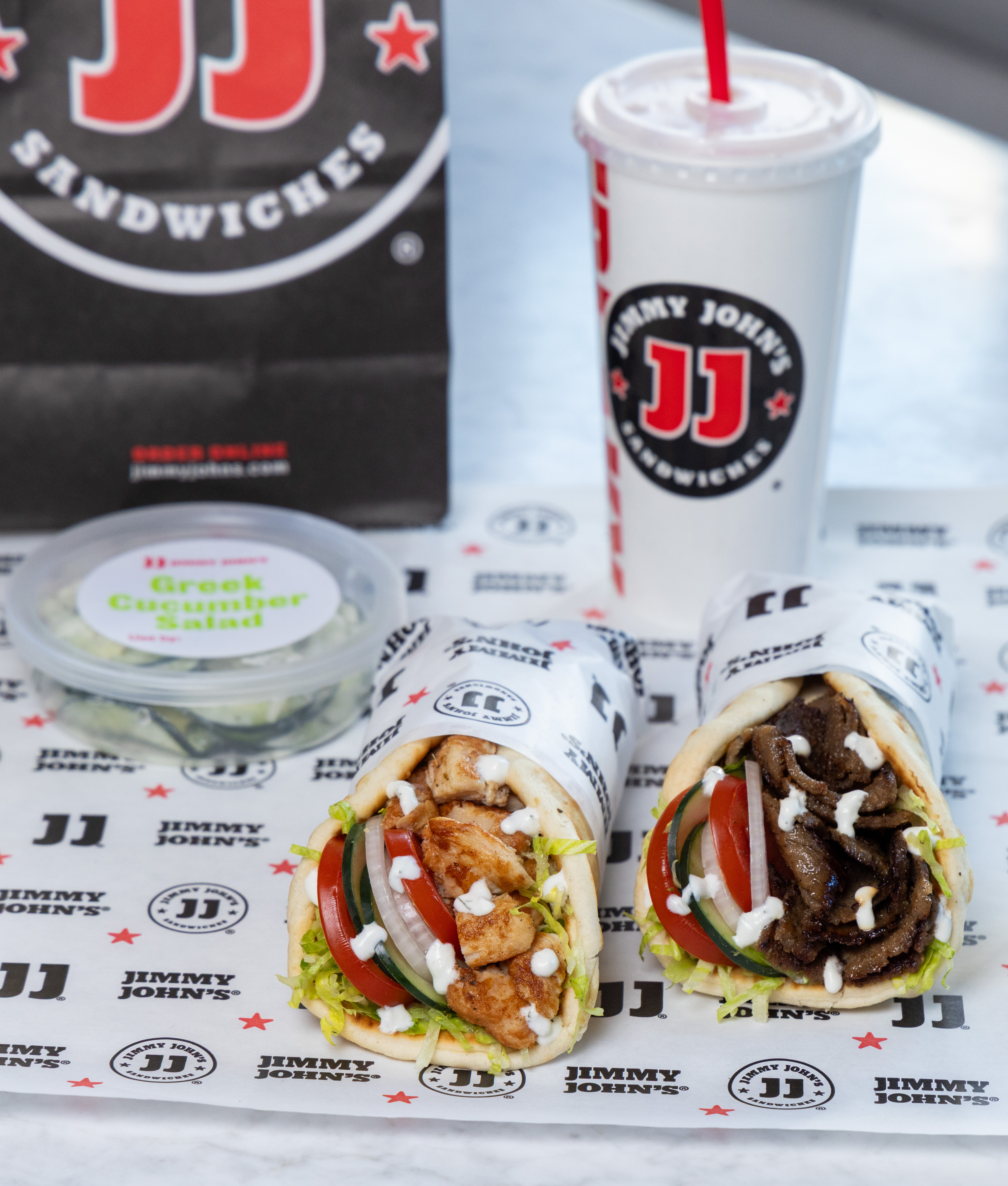 jimmy johns beef and chicken gyros and greek cucumber salad with drink