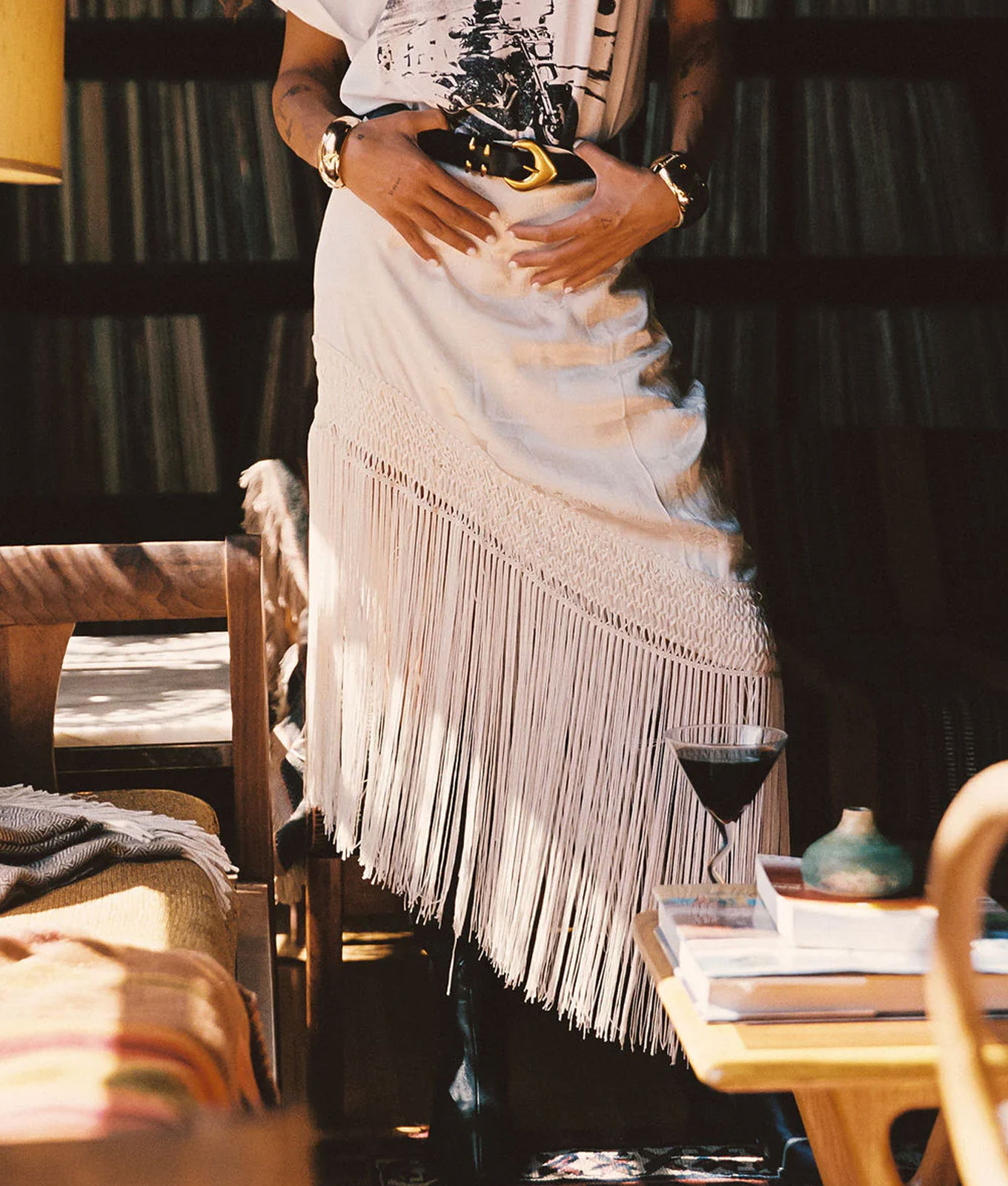 Eccentric Aunt Spring 2026: 12 Tribe white fringe skirt