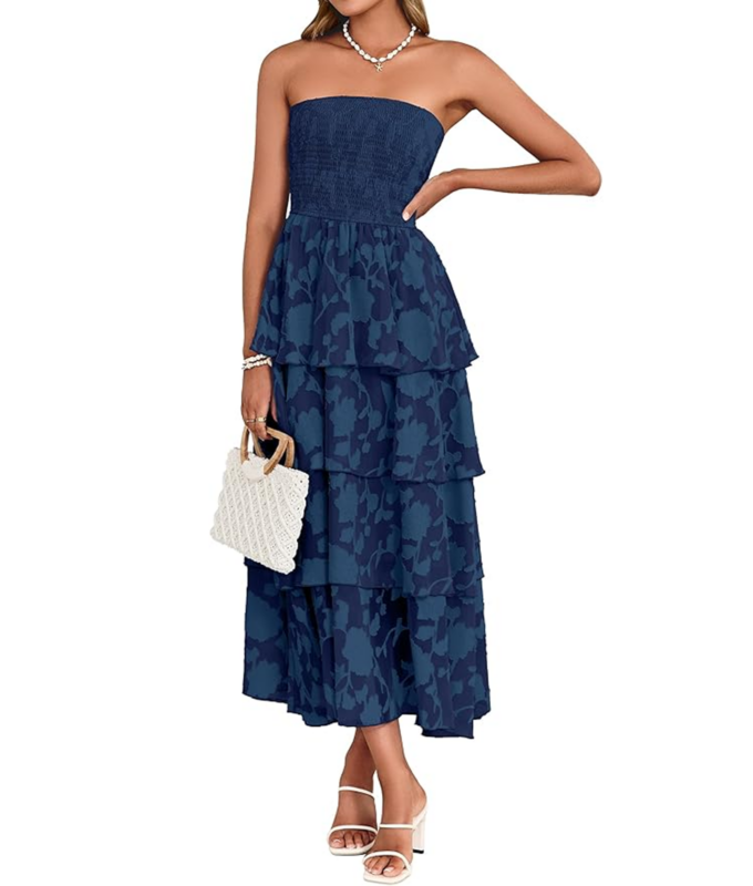 Best Amazon Dresses: Blue Floral Tiered Strapless Dress