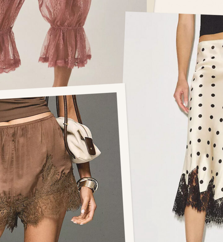 Boudoir Bottoms Trend: Lace polka dot slip skirt, lace brown shorts, lace pink bloomer hems
