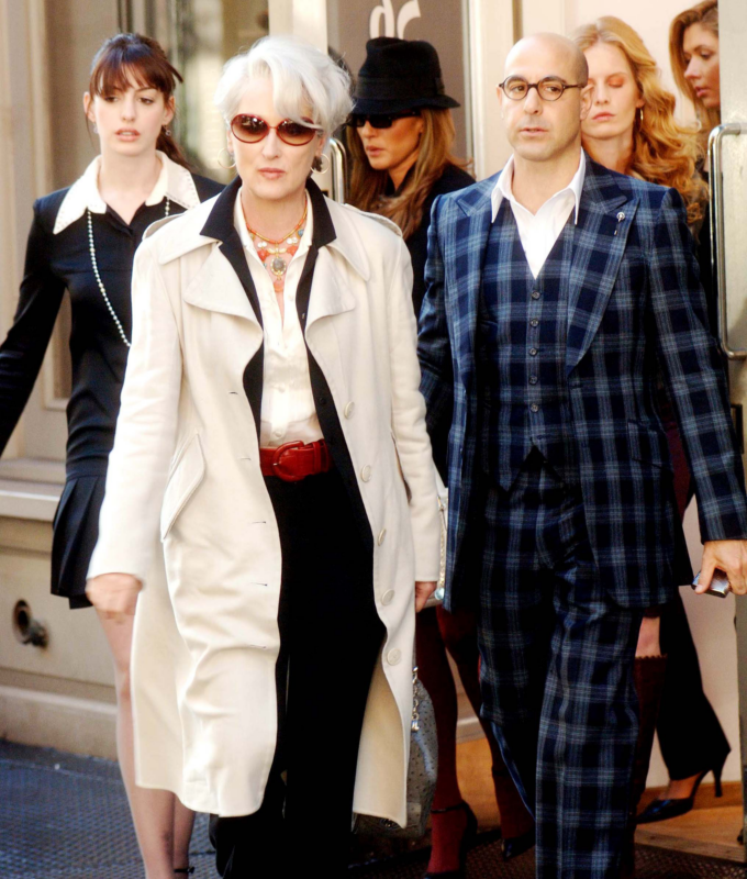 devil wears prada: miranda, andy and nigel walk down street