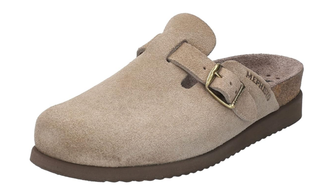 beige suede clogs