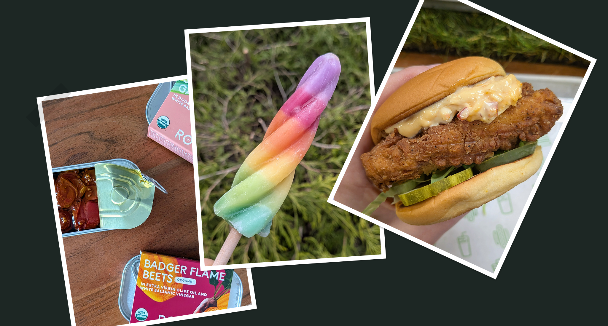 tinned vegetables, unicorn pops and chicken pimento sandwiches