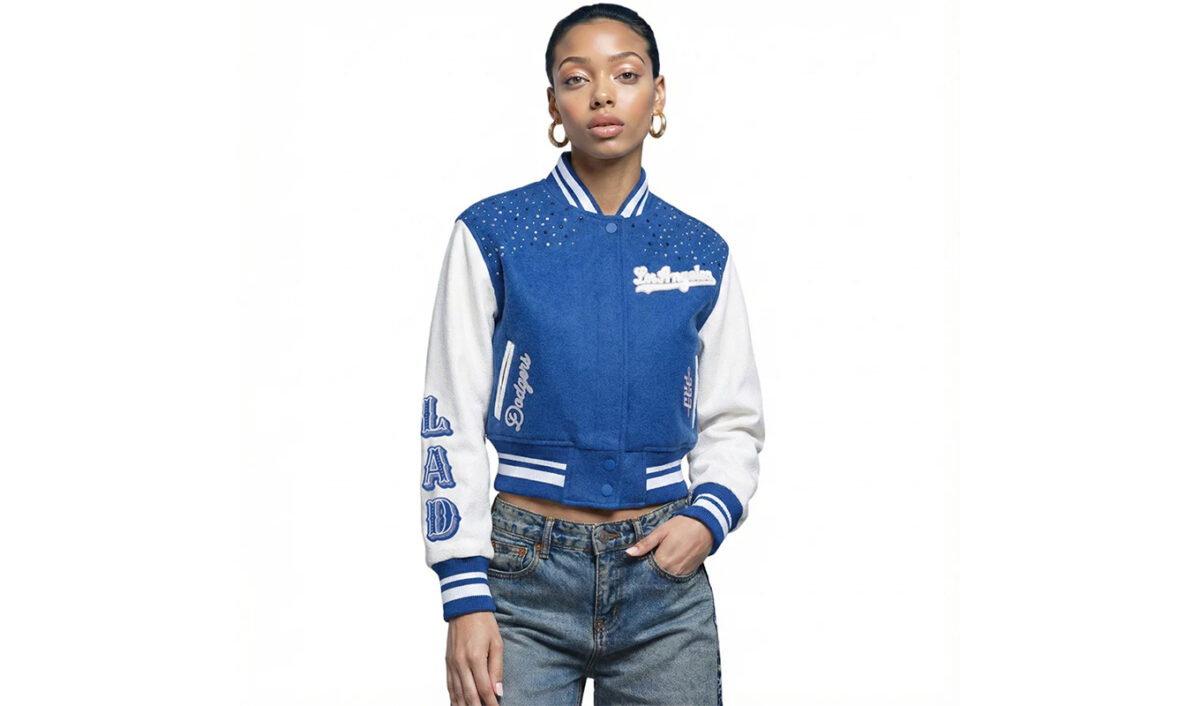 The MLB Los Angeles Dodgers Legacy Cropped Rib Wool Varsity Jacket.