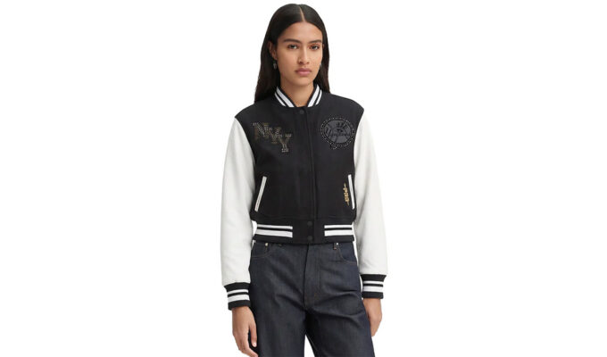 The MLB New York Yankees Renegade Rib Cropped Wool Varsity Jacket.