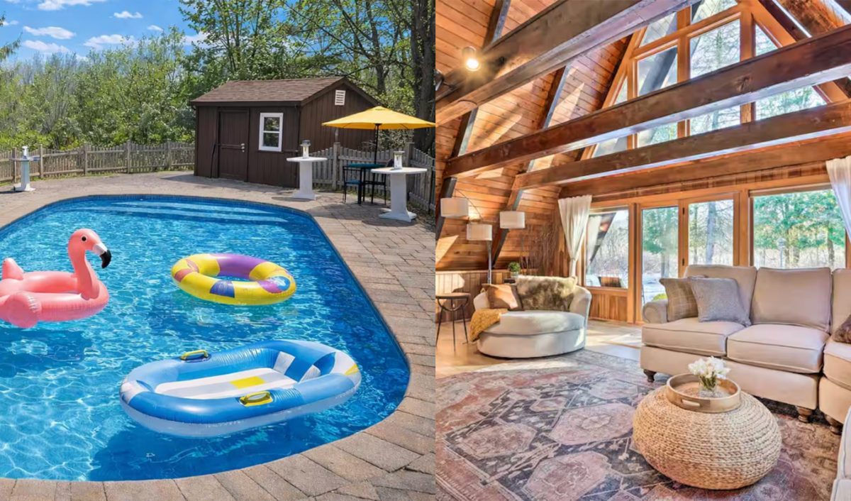 Airbnbs with pools in Upstate, New York: Pool with floats, interior rustic wooden cabin