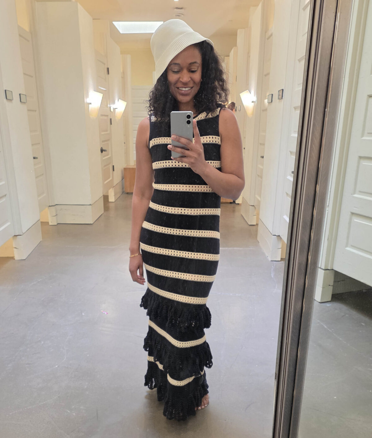 midi dress and bucket hat