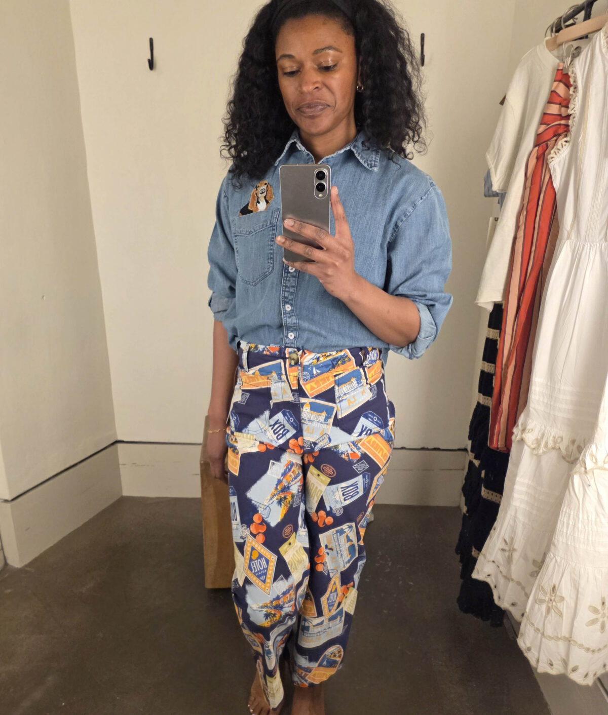 crop pants and denim shirt