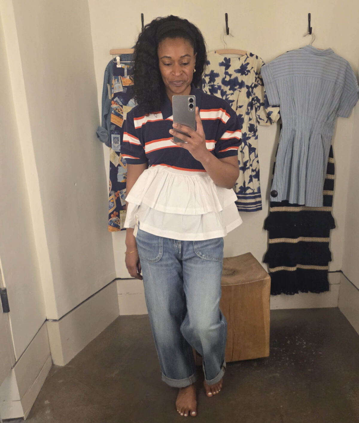 anthropologie jeans and ruffled shirt