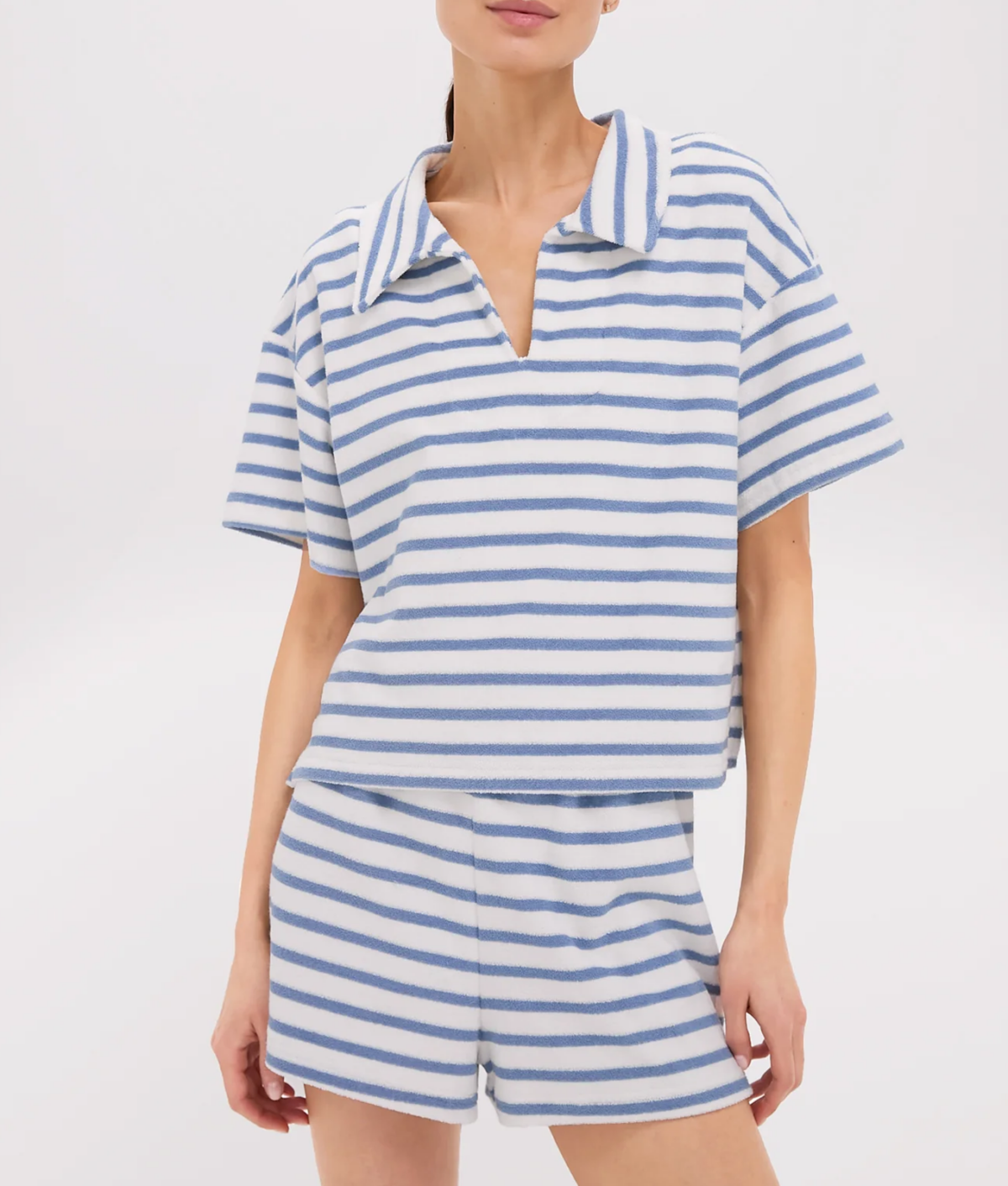 Terry Cloth Coverup Sets: Tuckernuck blue and white striped short set with collared shirt