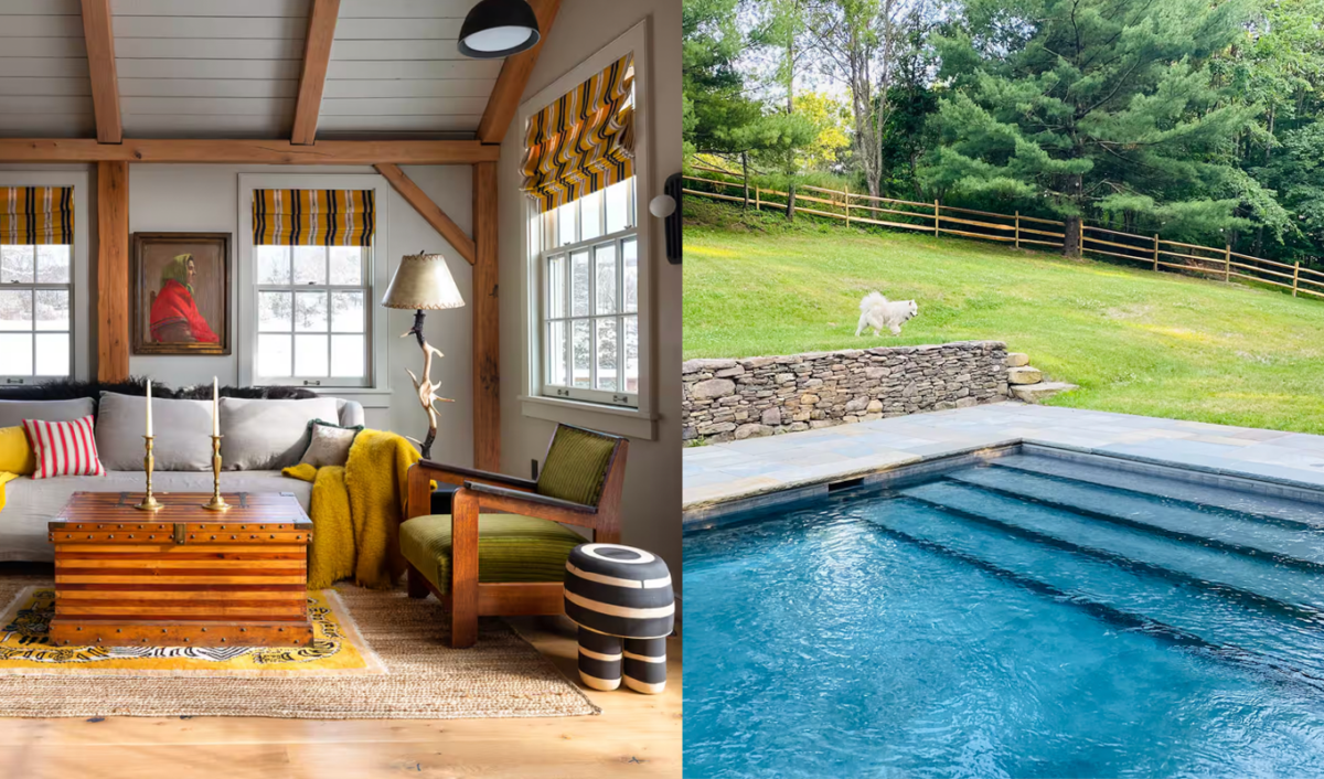Airbnbs with pools in Upstate, New York: Rustic home interiors, outdoor pool