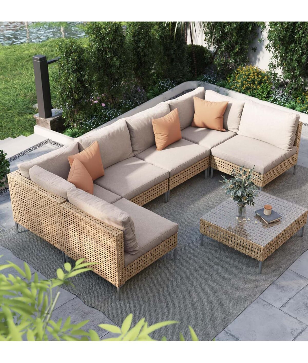 seven-piece furniture set on patio area