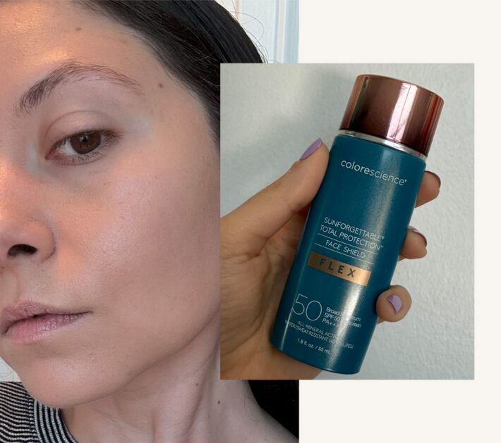 Colorescience Face Shield Flex Review 2026: Original photos of Stephanie Maida, sunscreen bottle