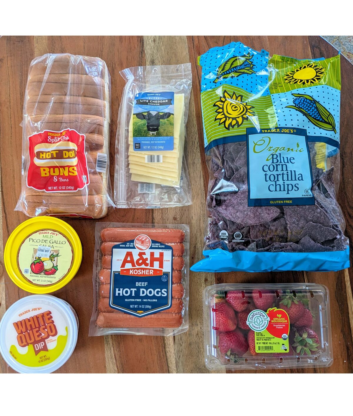 ingredients for hot dog board for july 4th using only trader joe's items