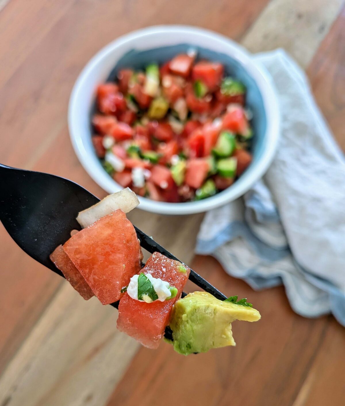 watermelon salad bite on fork