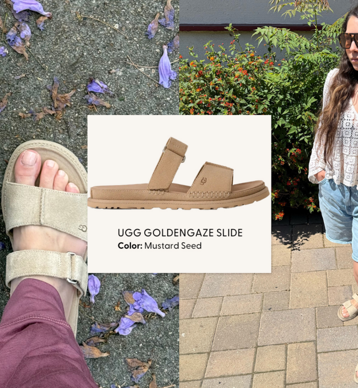Ugg GoldenGaze Sandal Review: Original photos by Stephanie Maida of Ugg beige suede sandals