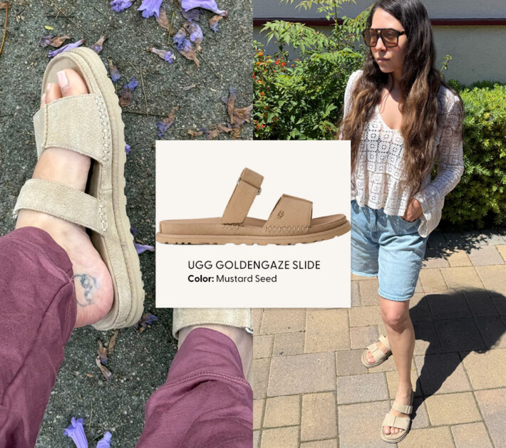 Ugg GoldenGaze Sandal Review: Original photos by Stephanie Maida of Ugg beige suede sandals