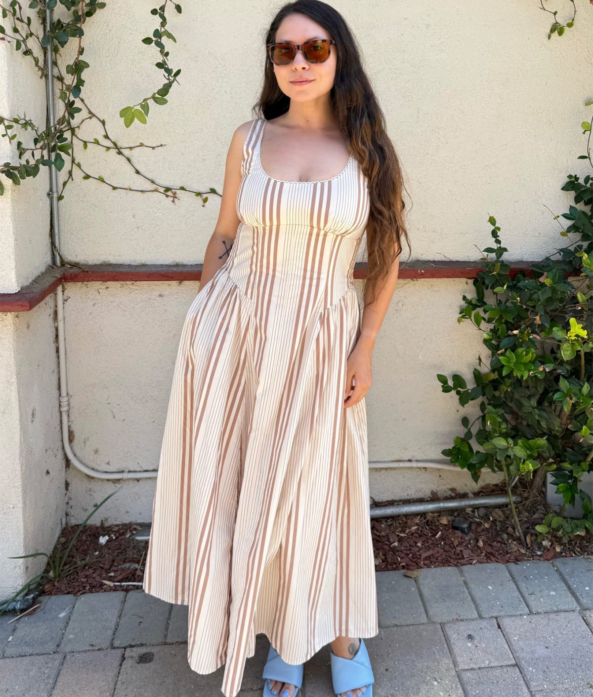 Abercrombie & Fitch Bra-Free Dress Review: Original photo of Stephanie Maida in striped Dylan dress