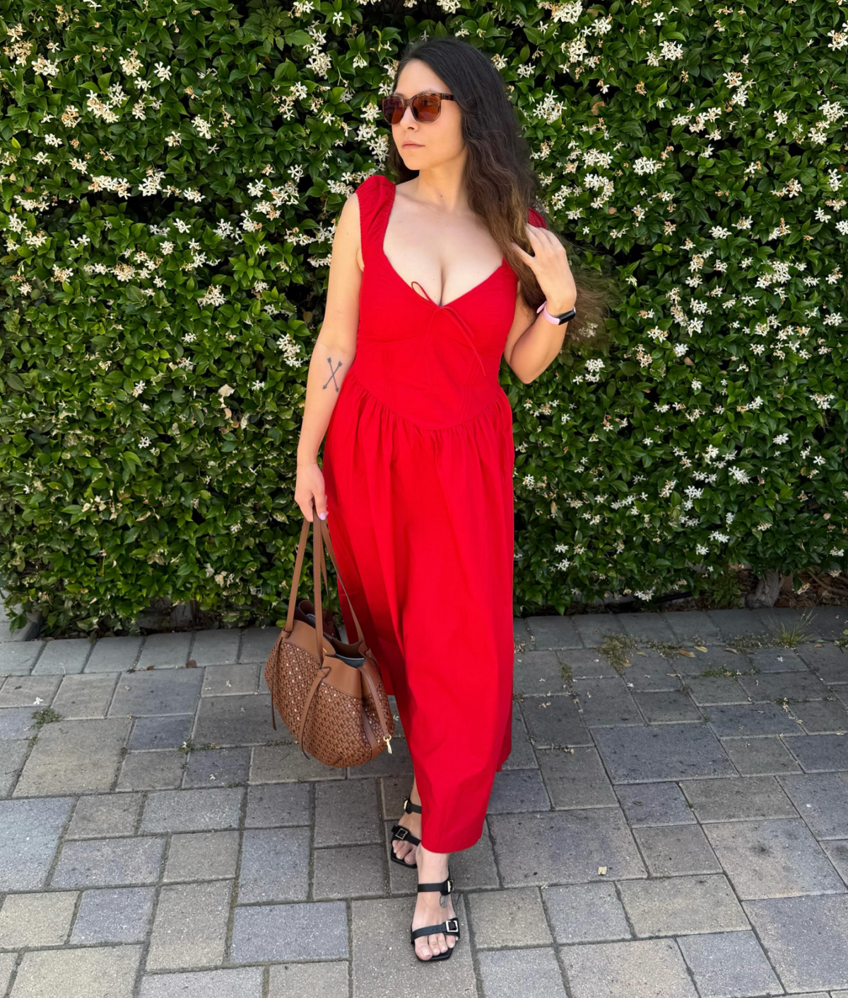 Abercrombie & Fitch Bra-Free Dress Review: Original photo of Stephanie Maida in red cap-sleeve dress
