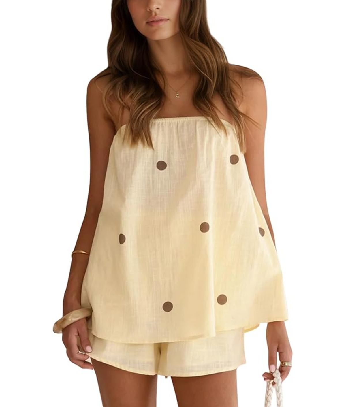 Best Amazon Matching Sets for Summer: yellow strapless polka dot set