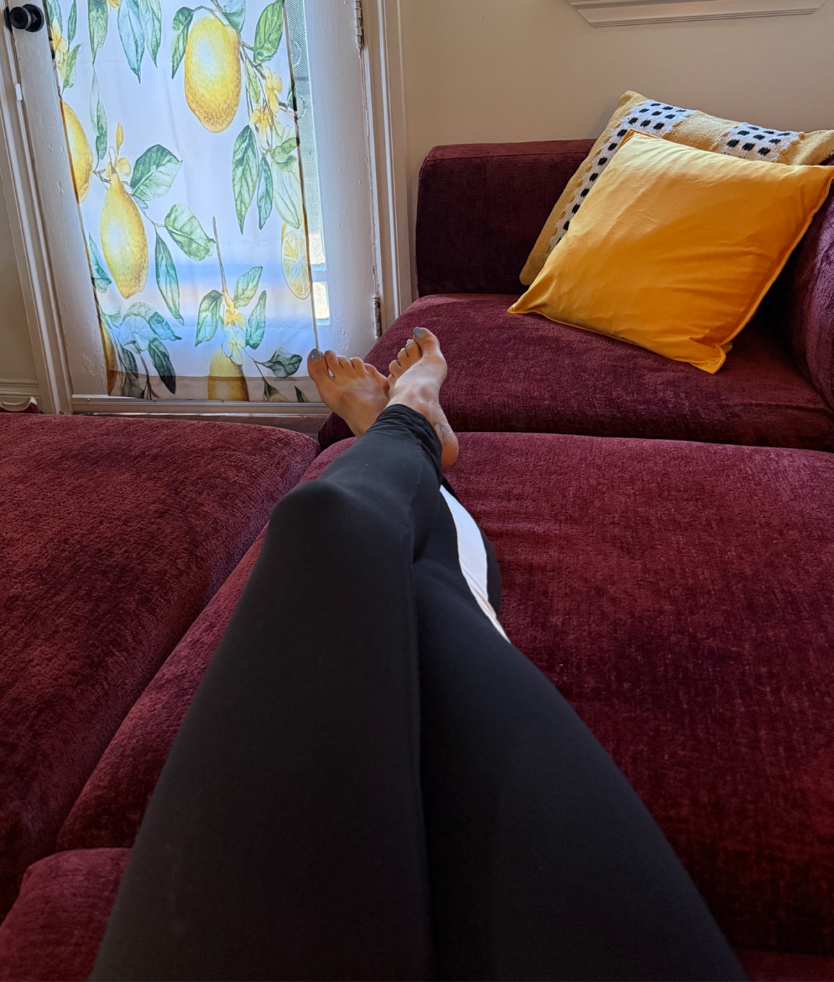 Cozey Atmosphere Sofa Review: Original photo of burgundy Cozey sofa by Stephanie Maida