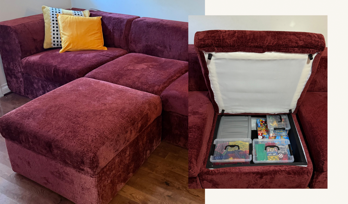 Cozey Atmosphere Sofa Review: Original photo of burgundy Cozey sofa and storage compartment by Stephanie Maida