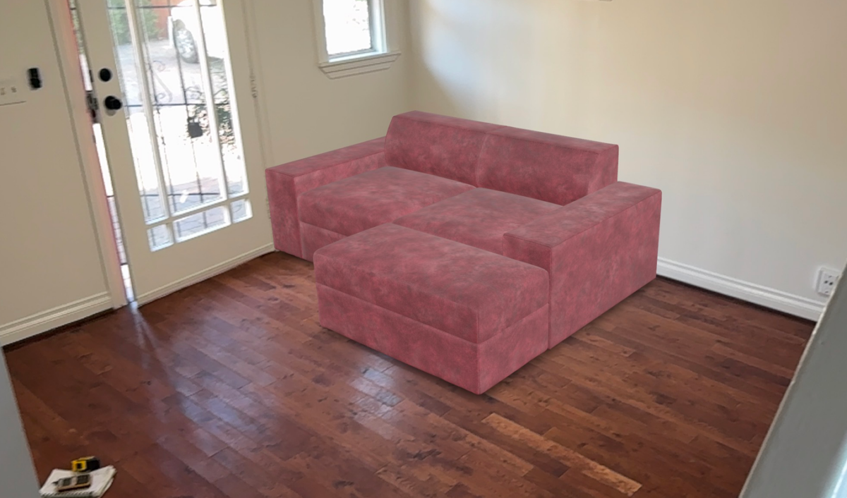 Cozey Atmosphere Sofa Review: Original photo of burgundy Cozey sofa 3D VR rendering