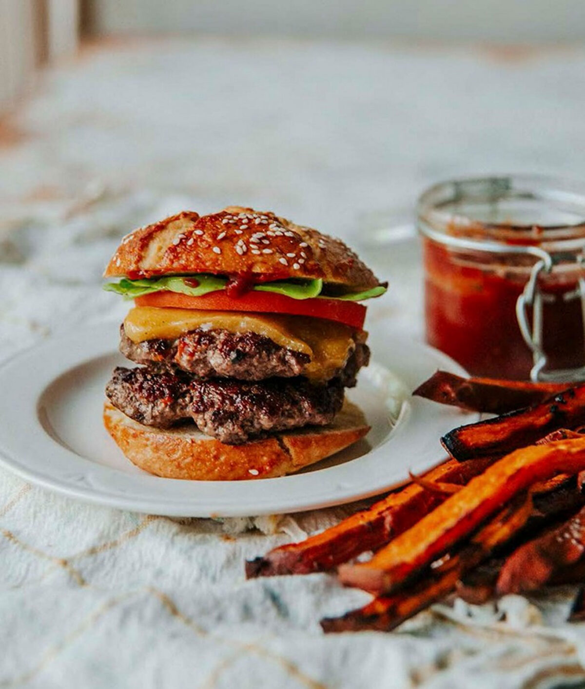 easy ground beef meal prep recipes: sweet laurel burger with sweet potato fries