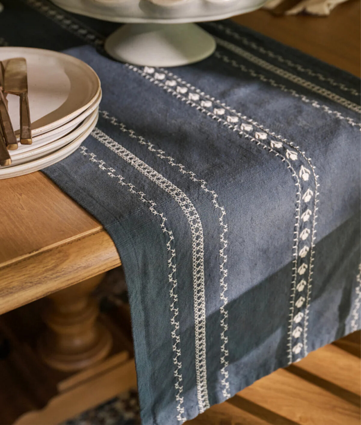The Magnolia Dusty Blue Embroidered Table Runner.