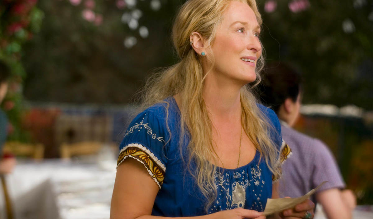 Mamma Mia Fashion: Meryl Steep as Donna in blue embroidered dress