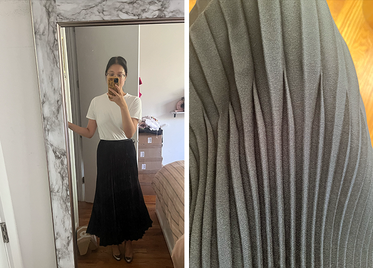 quince pleated midi skirt review