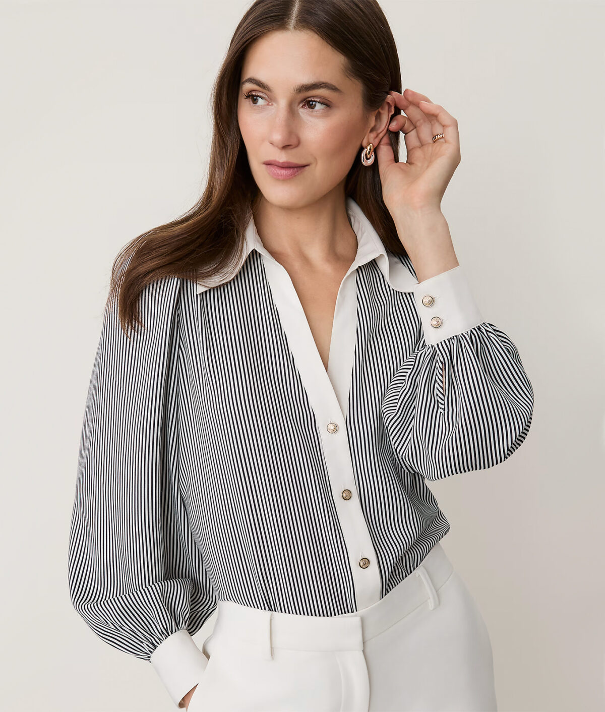 The Ann Taylor Striped Split Neck Blouse.