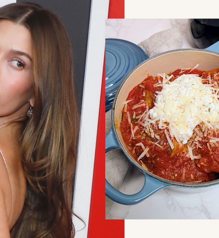 hailey bieber and chicken meatballs in a le creuset pan