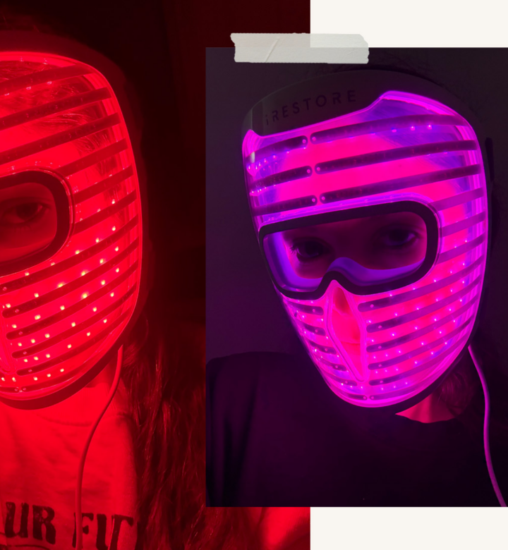 iRestore Illumina LED Mask Review: Original photos of Stephanie Maida wearing the mask in red and purple light modes