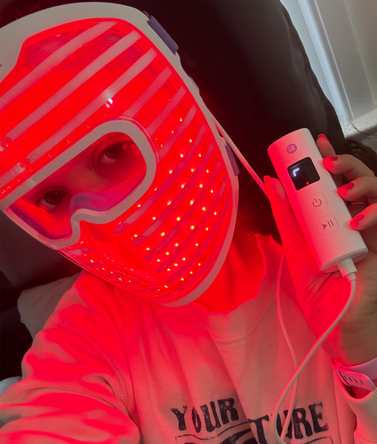 iRestore Illumina LED Mask Review: Original photo of Stephanie Maida wearing the mask in red light modes
