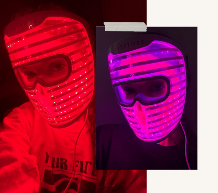 iRestore Illumina LED Mask Review: Original photos of Stephanie Maida wearing the mask in red and purple light modes