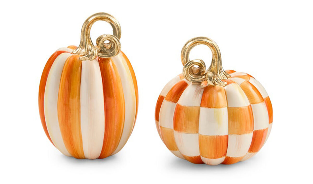 The MacKenzie-Childs Orange Check and Stripe Petite Pumpkins, Set of 2.