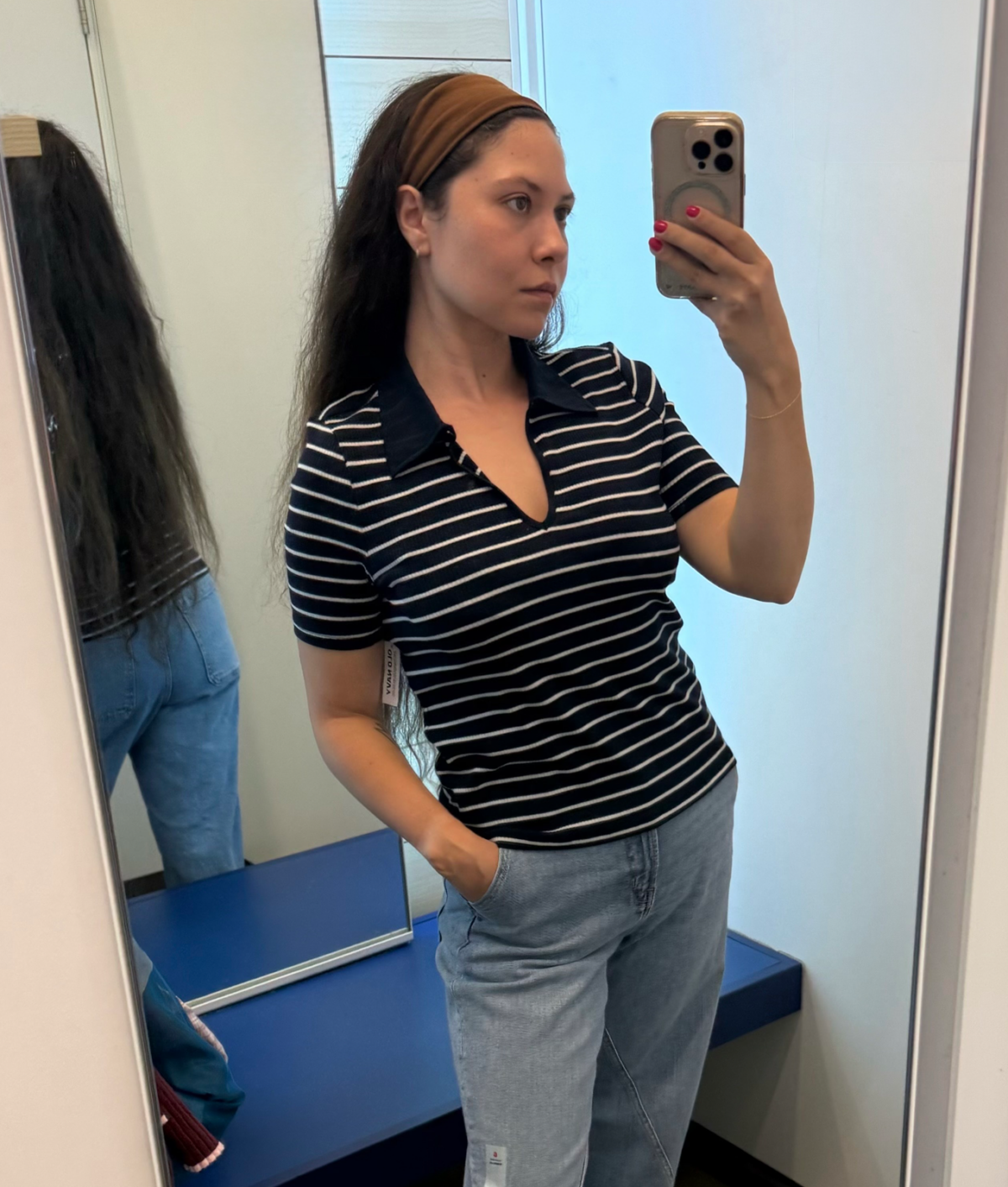 Old Navy Petite Fall 2026 Try-on: Original photo of Stephanie Maida in blue striped polo