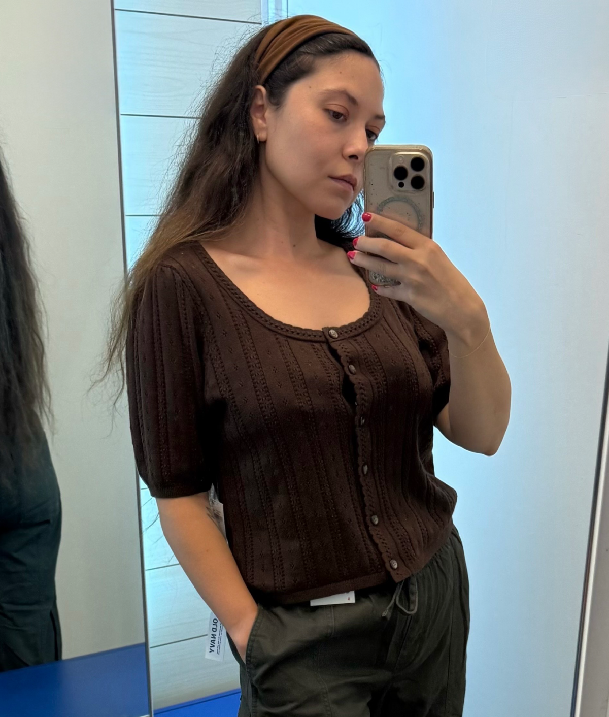 Old Navy Petite Fall 2026 Try-on: Original photo of Stephanie Maida in brown pointelle sweater